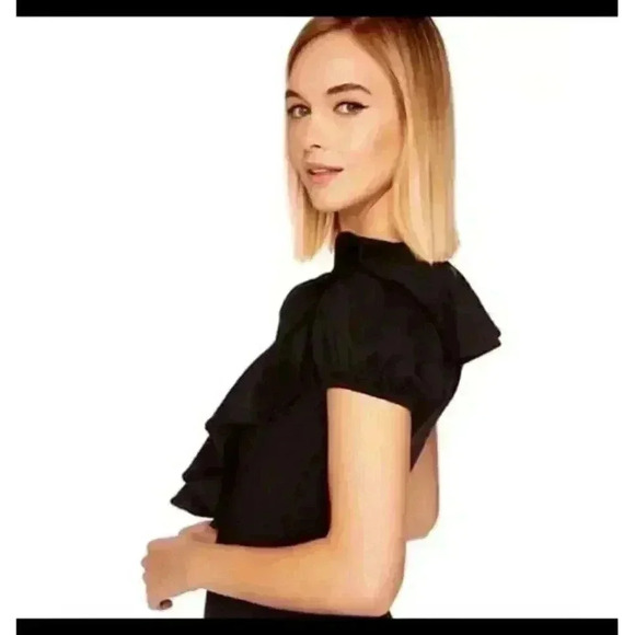 NWT Susana Monaco Short Sleeve Plunging V-Neck Flutter Bodysuit Black Size L - Picture 3 of 10